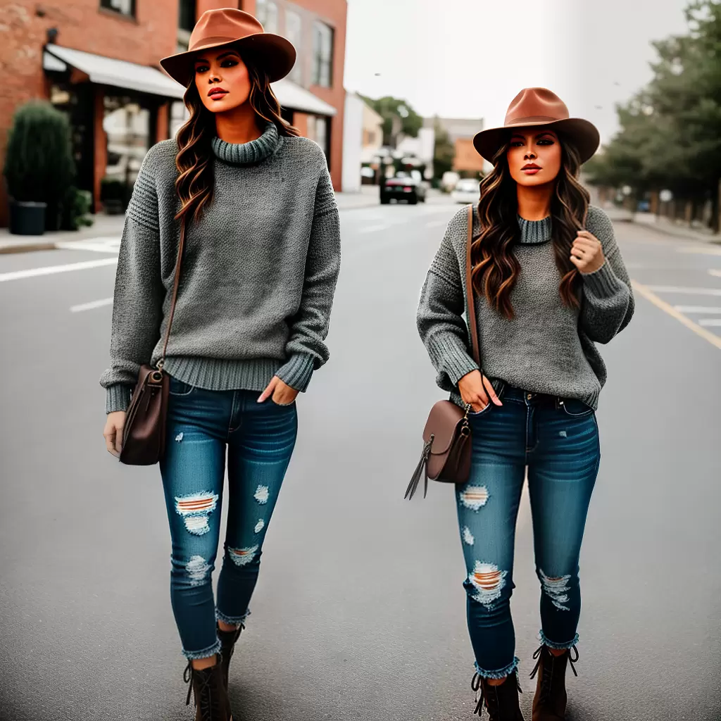 Fotos jeans desgastado sueter botas chapeu bolsa
