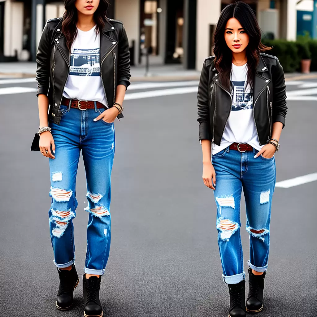Fotos jeans desgastado camiseta couro botas