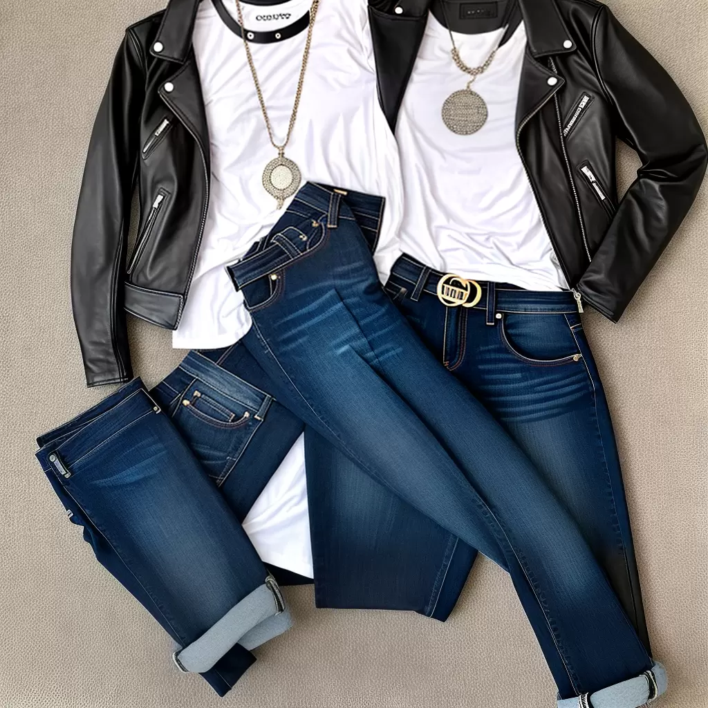 Fotos jeans preto camiseta branca jaqueta couro botas colares