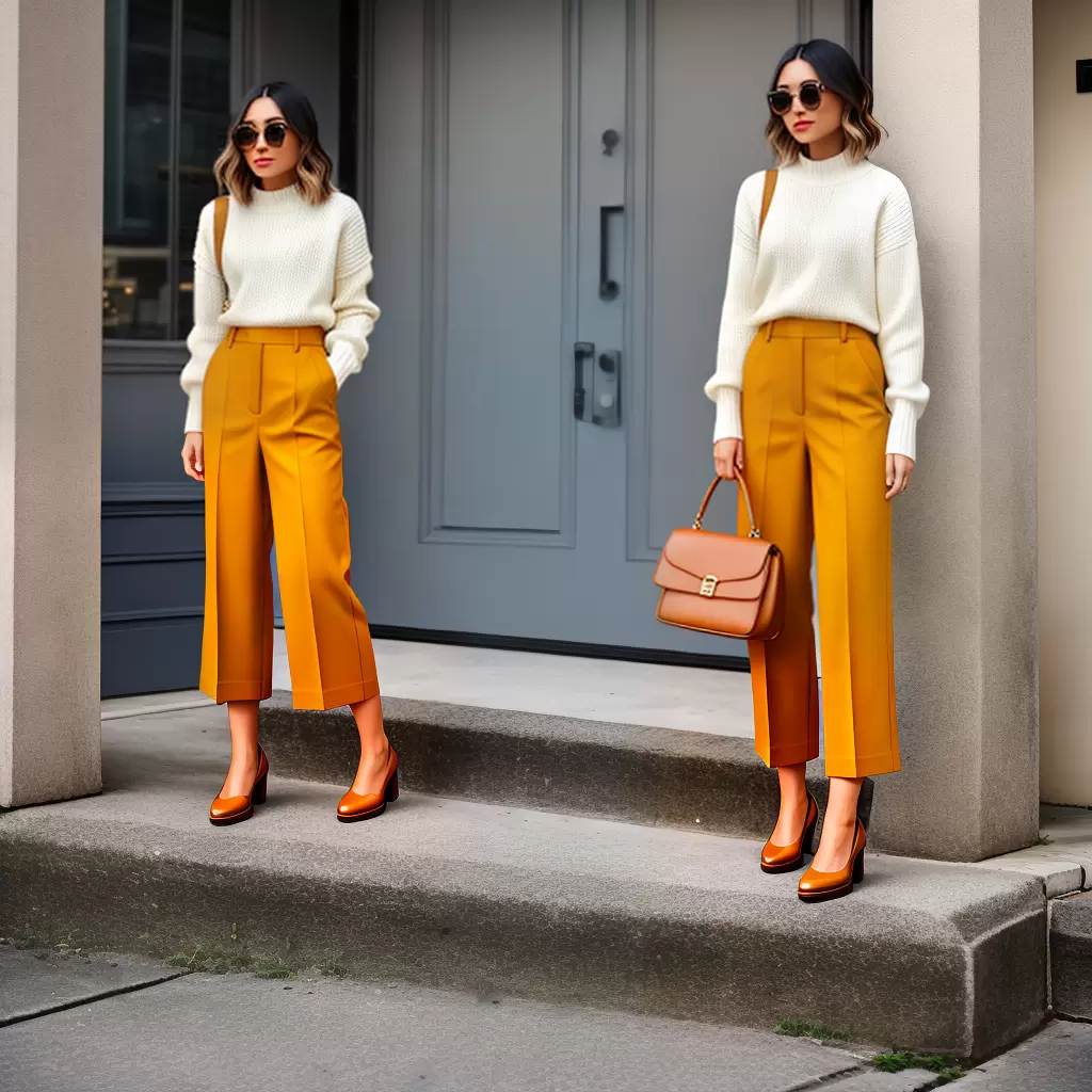 Fotos calca cintura alta mostarda blusa cropped creme loafers plataforma bolsa couro vintage