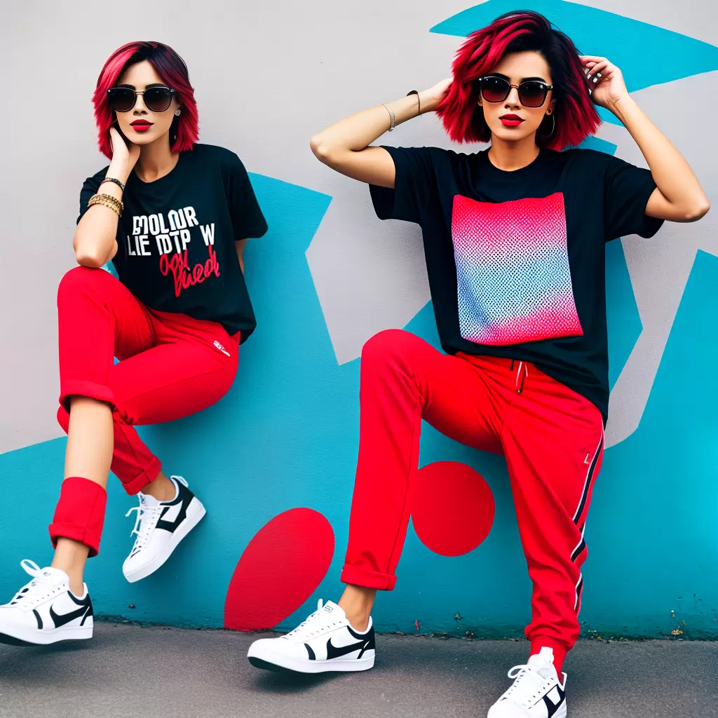 Fotos calca vermelha camiseta grafica sneakers