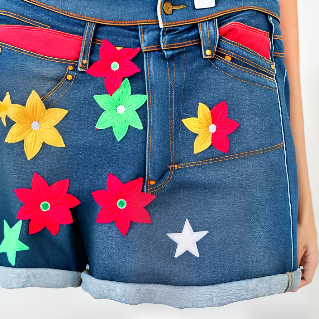 Fotos shorts jeans patches coloridos 3 Fotos shorts jeans patches coloridos 3