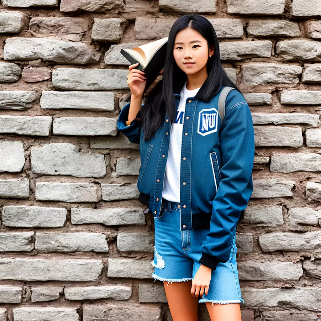 Fotos mulher jaqueta varsity shorts denim livros