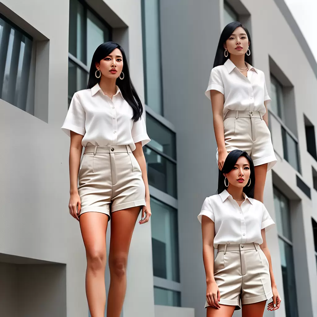 Fotos mulher shorts altos blusa seda brincos edificio moderno