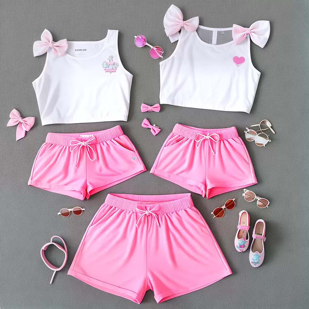Fotos shorts rosa ursinho camiseta branca arco cabeca