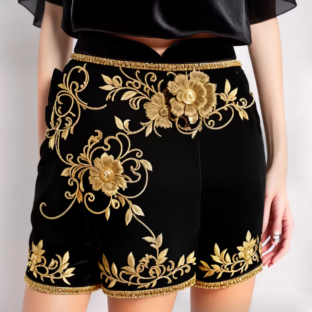 Fotos shorts veludo preto bordado ouro