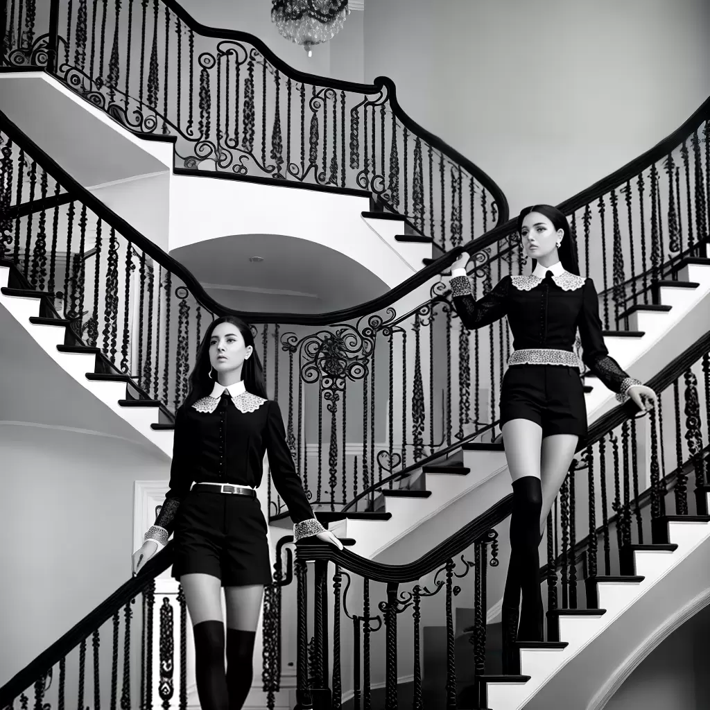 Fotos moda preto branco escada mulher