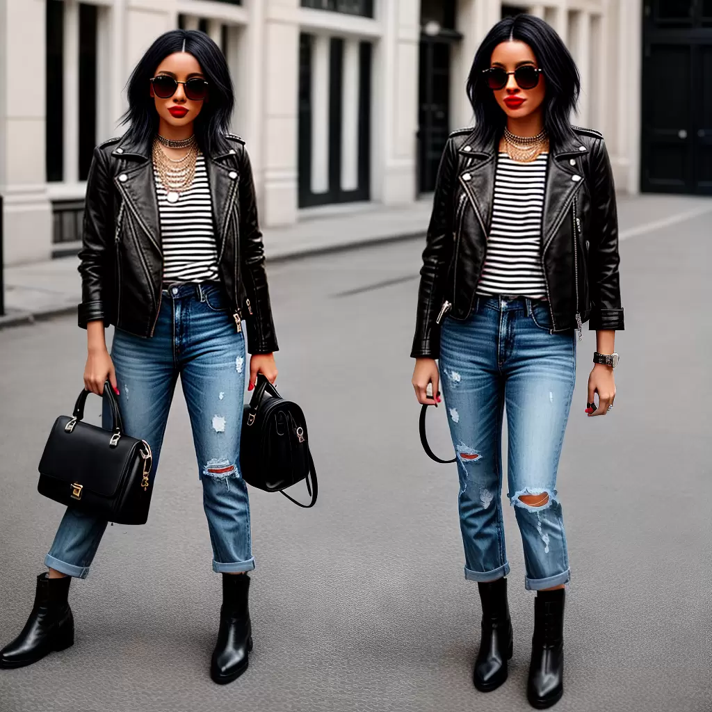Fotos look listras jeans couro preto