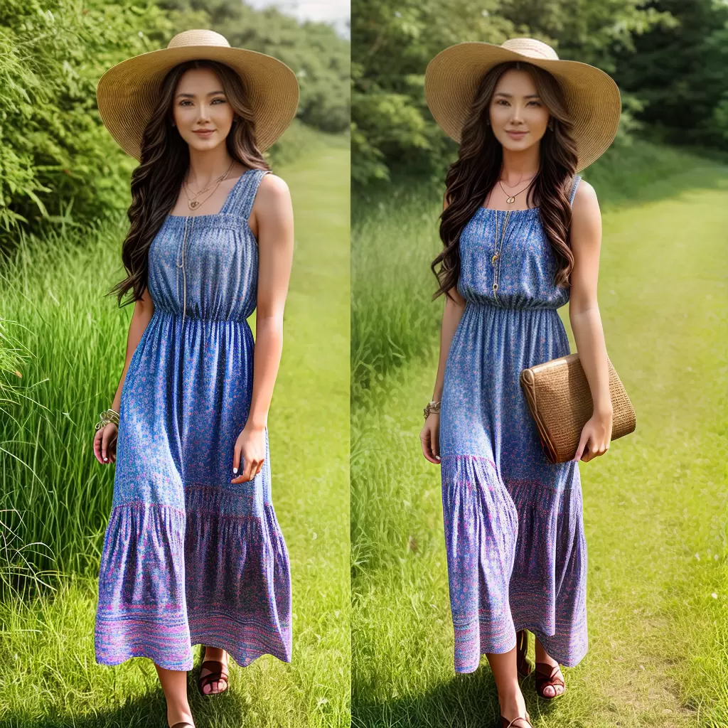Fotos mulher campos vestido chapeu bolsa