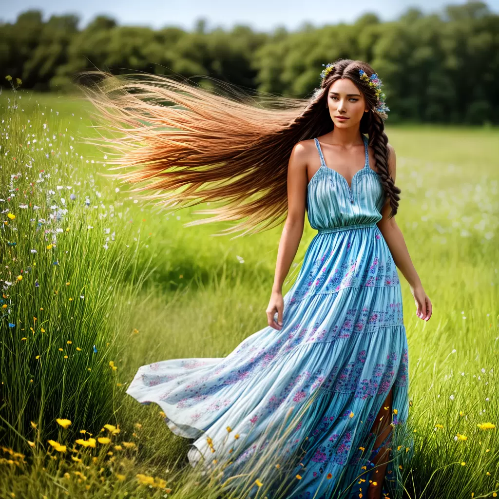Fotos mulher campos flores vestido cabelo