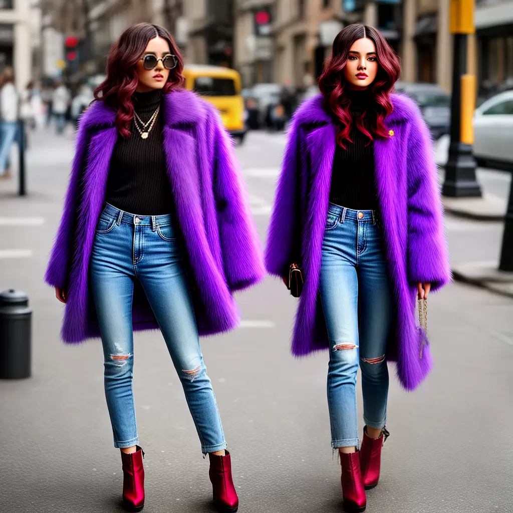 Fotos modelo casaco falso peludo roxo jeans plataforma