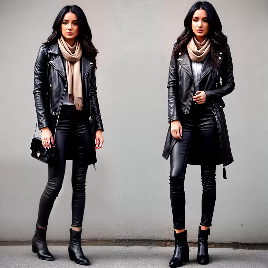 Fotos mulher jaqueta couro preto jeans scarf