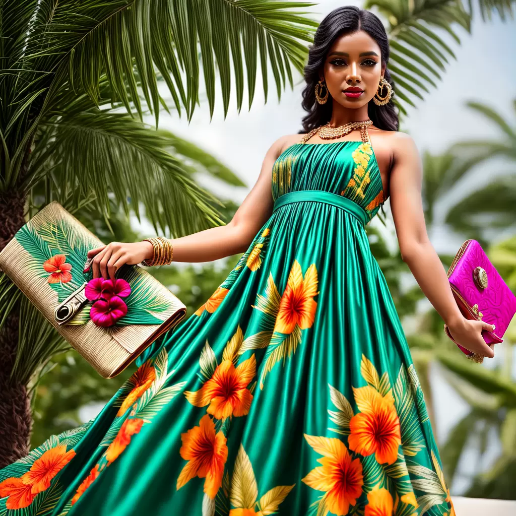 Fotos vestido tropical flores folhas frutas