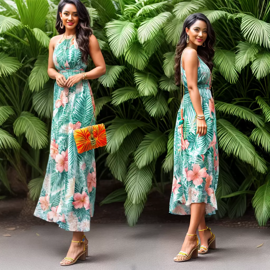 Fotos vestido tropical clutch listras sandalia