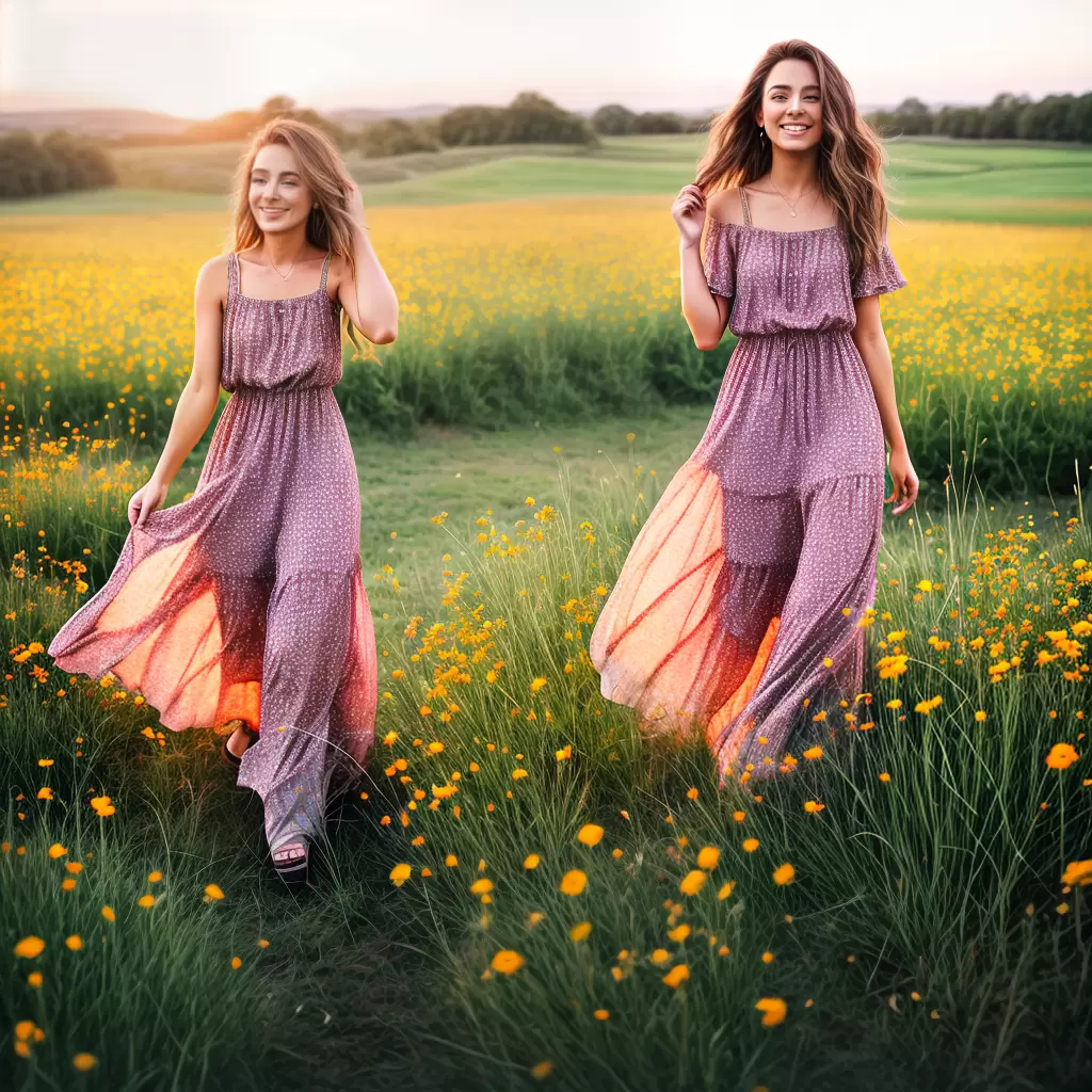 Fotos vestido longo campo por do sol flores