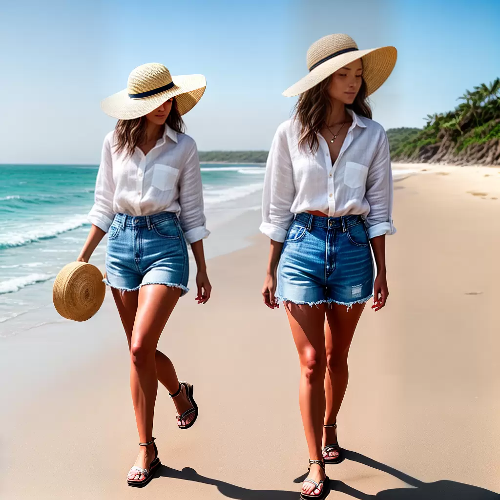 Fotos mulher camisa larga shorts jeans chapeu palha praia