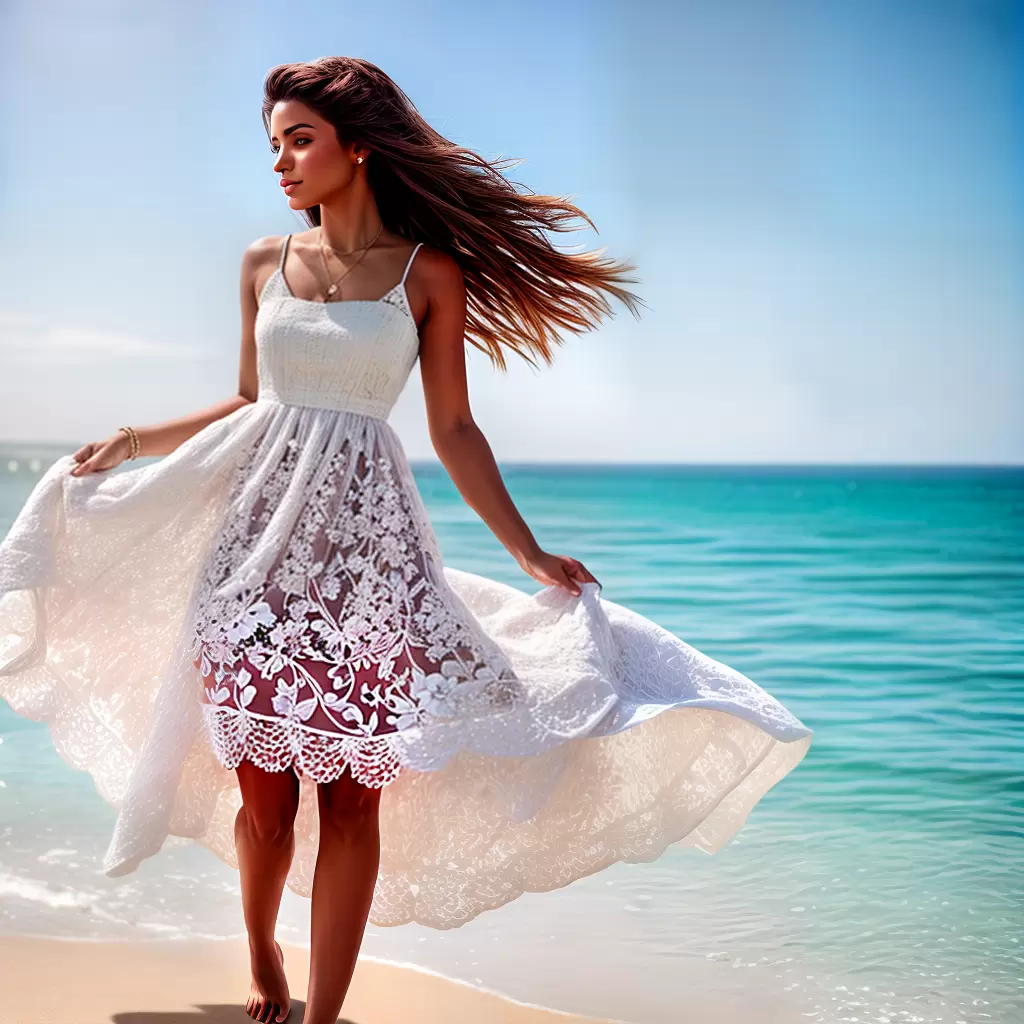 Fotos modelo praia vestido branco floral