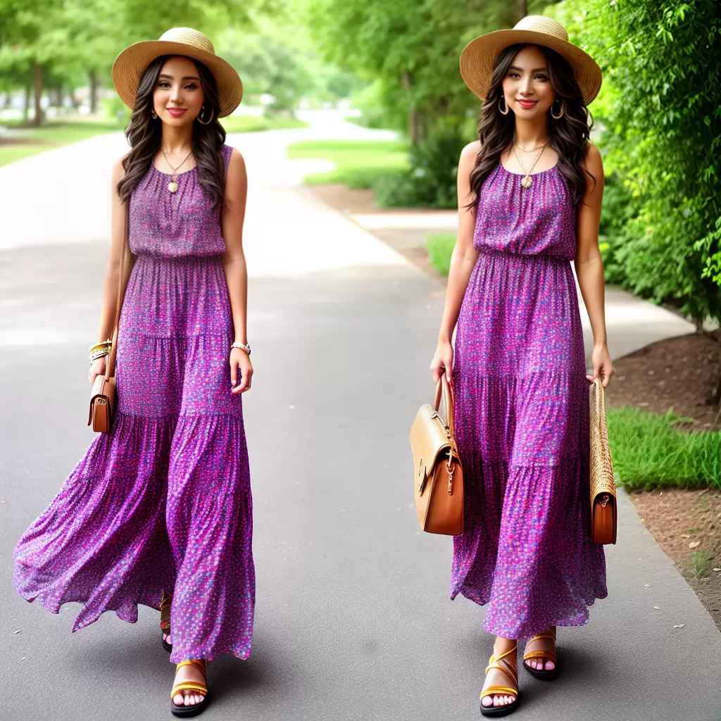 Fotos vestido maxi colorido chapeu sandalia
