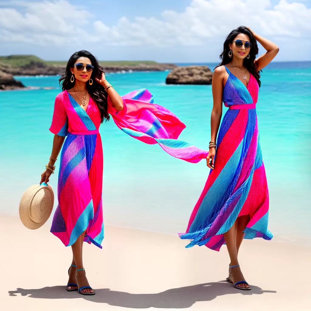 Fotos vestido tropical clutch listras praia