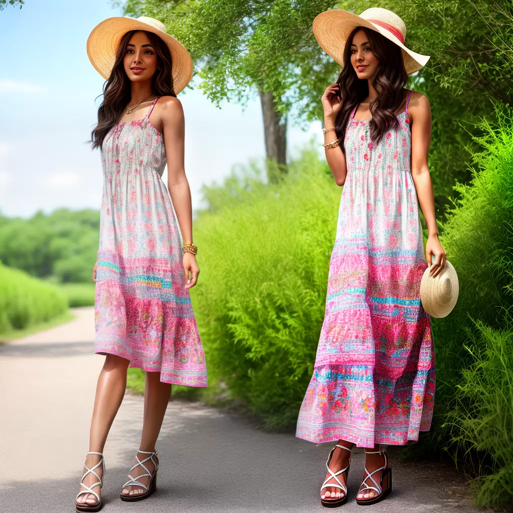 Fotos vestido bordado floral sandalia chapeu sol