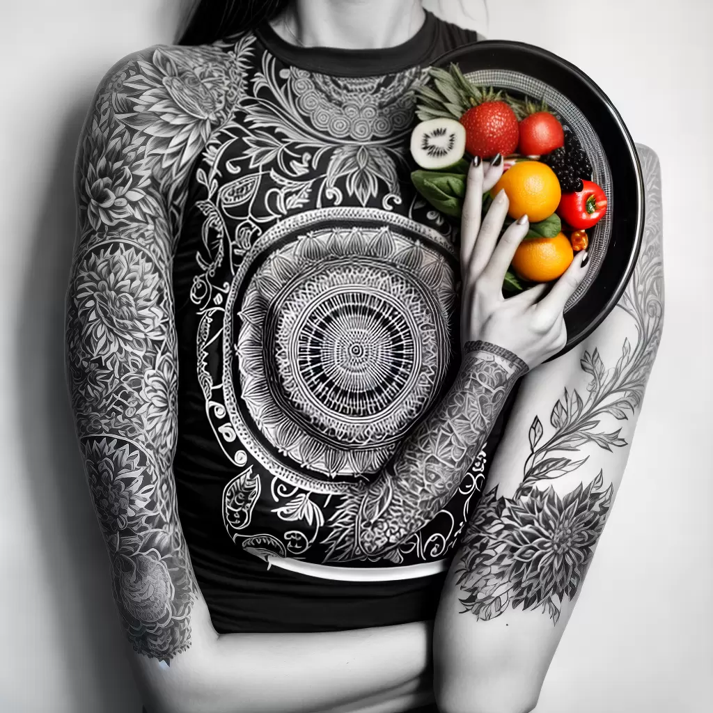 Fotos vegano tattoo frutas legumes cores