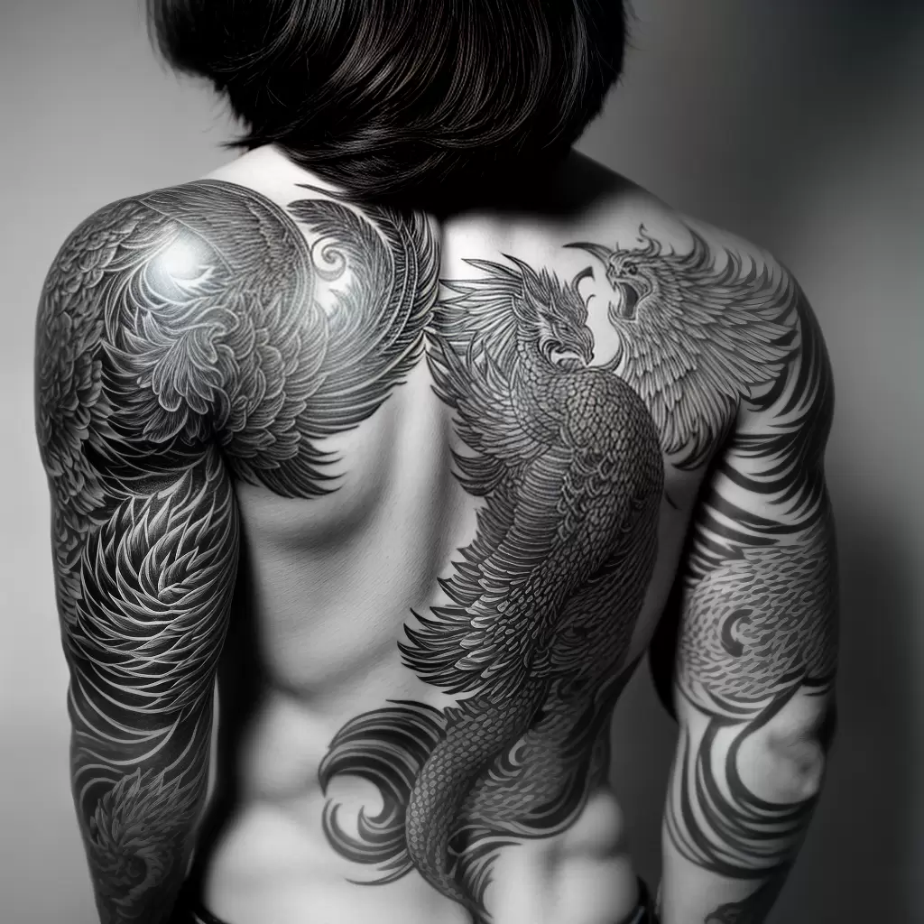 Fotos tatuagem preto branco dragao fenix samurai