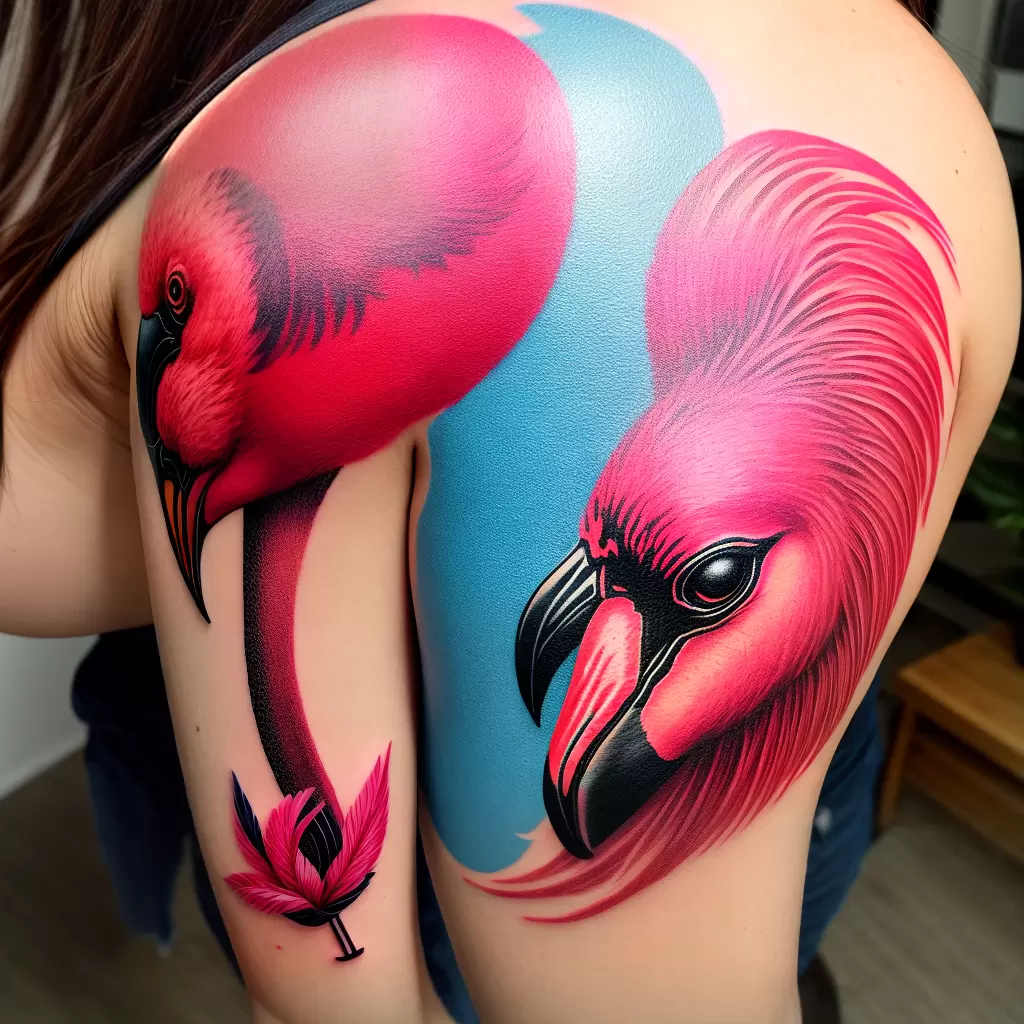 Fotos tatuagem flamingo braco folhagem tropical Fotos tatuagem flamingo braco folhagem tropical