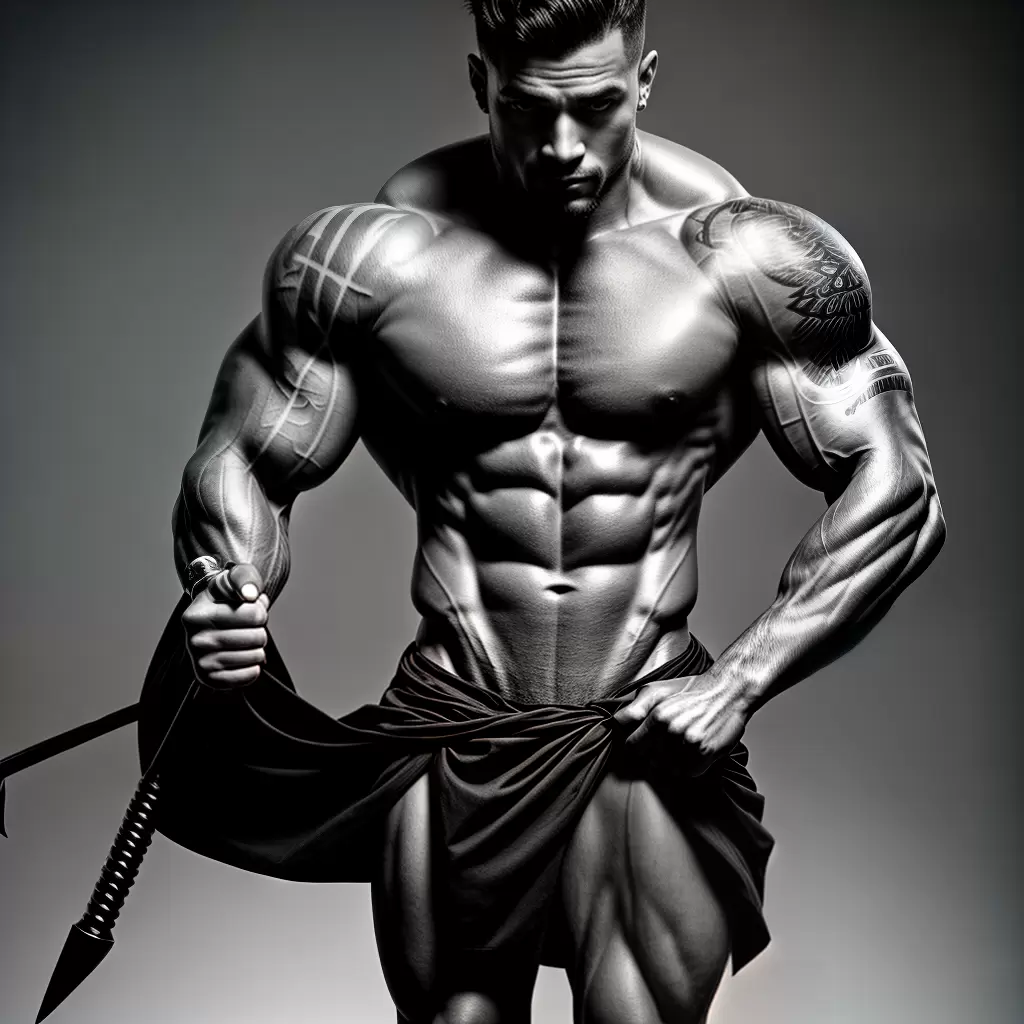 Fotos homem musculoso toga raio tridente tatuagens Fotos homem musculoso toga raio tridente tatuagens