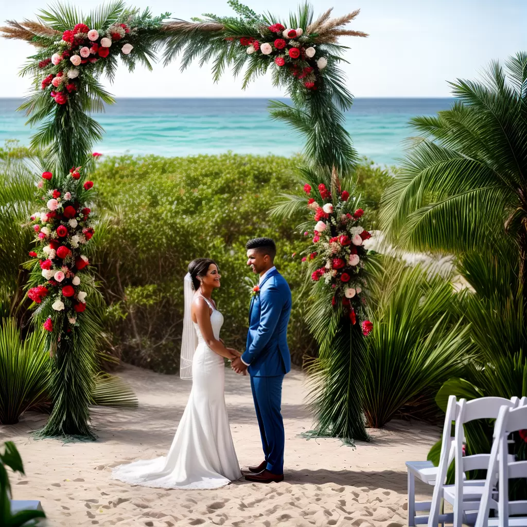 Fotos casamento praia arco madeira flores tropicais