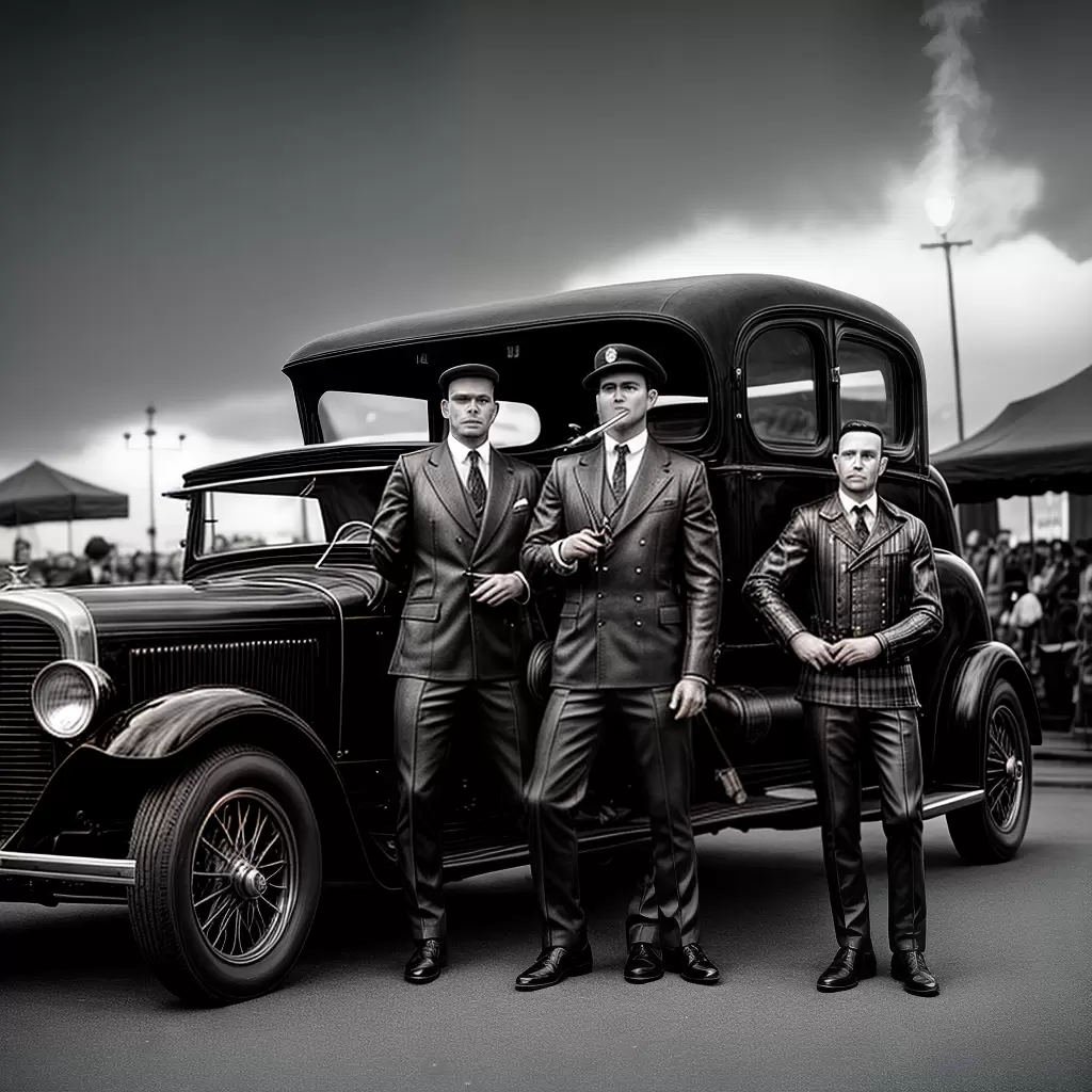 Fotos gangster carro vintage fumando tommy gun
