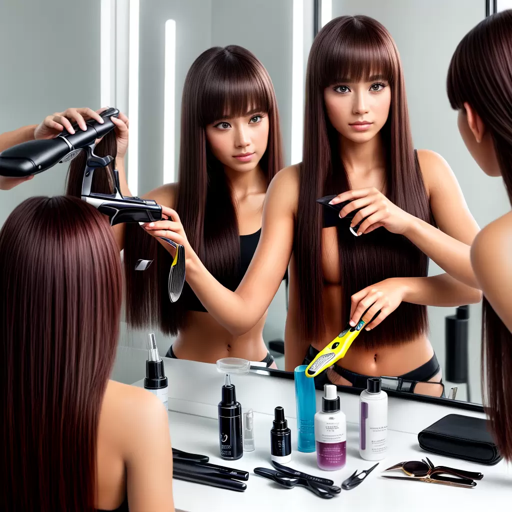 Fotos mulher cortando bangs espelho cabelo Fotos mulher cortando bangs espelho cabelo