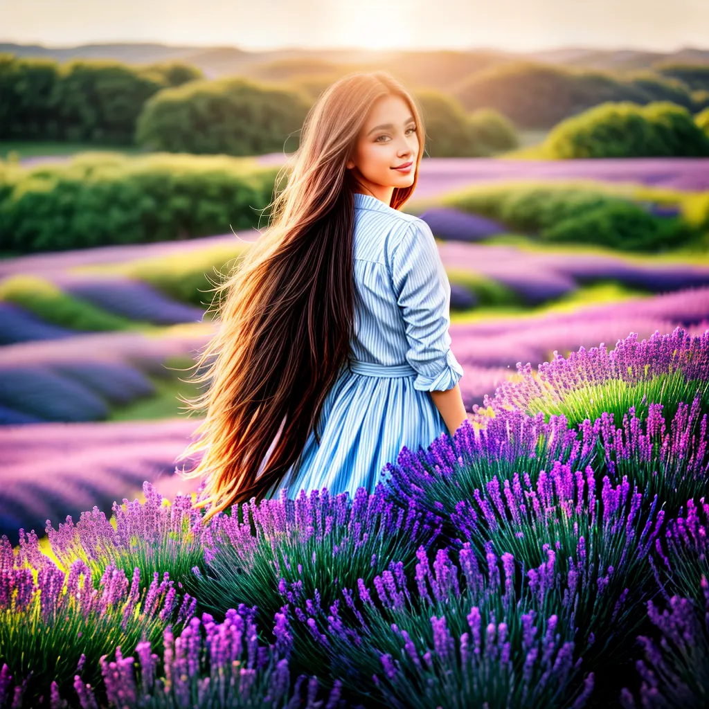 mulher lavanda campo flores por do sol