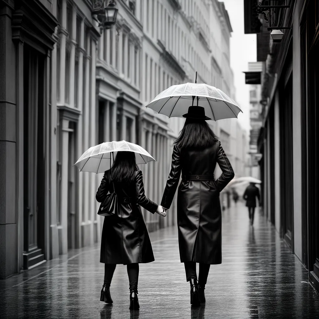 mulher rua chuva flores Duas mulheres caminham com guarda-chuvas em rua de comércio em dia de chuva