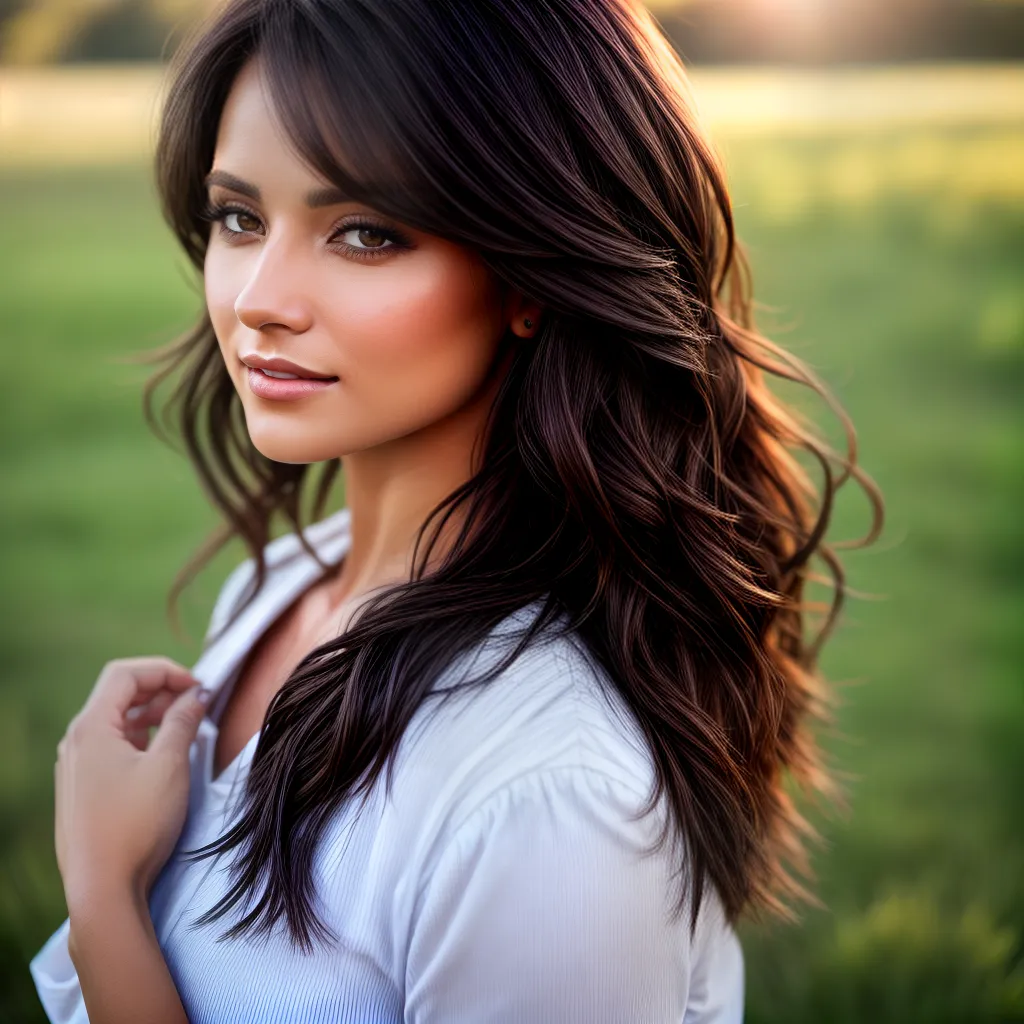 mulher cabelo escuro campo iluminado mulher cabelo escuro campo iluminado