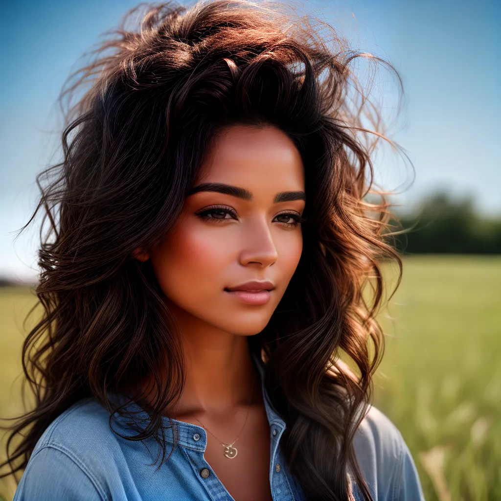 mulher cabelo escuro sol campo