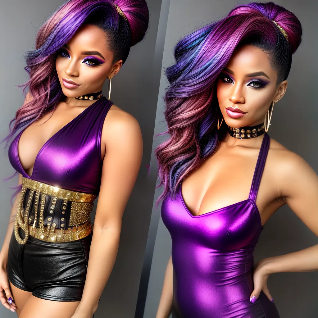 mulher cabelo roxo estilo ponytail maquiagem ousada