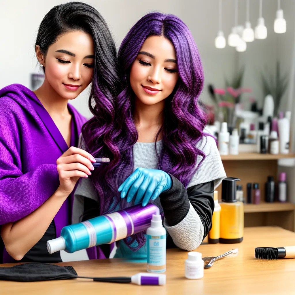 mulher aplicando tinta roxa cabelo mulher aplicando tinta roxa cabelo