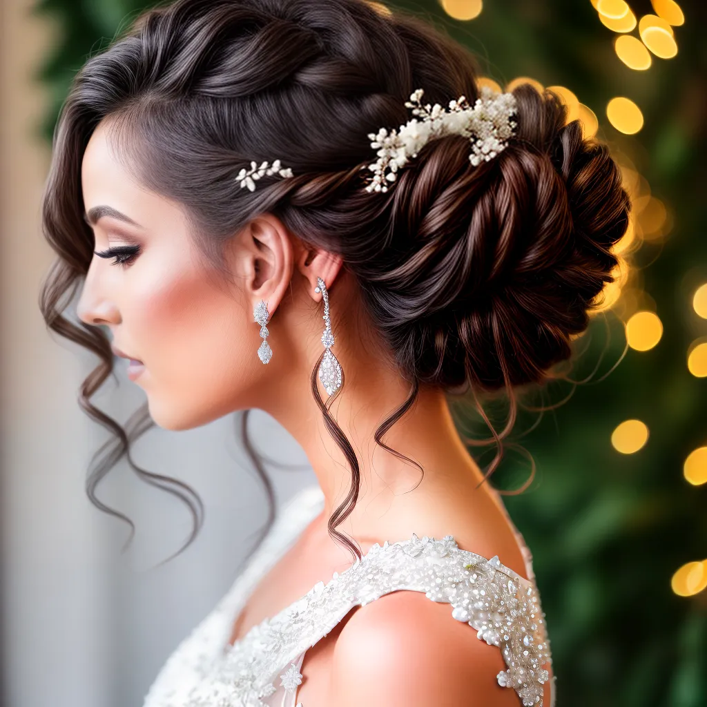 noiva elegante penteado flores luzes