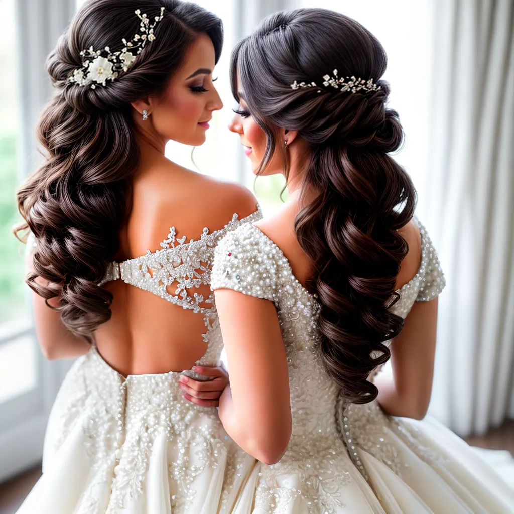 noiva elegante cachos flores brancas