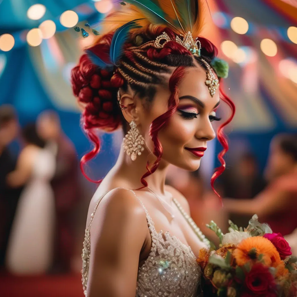 noiva circo penteado plumas flores