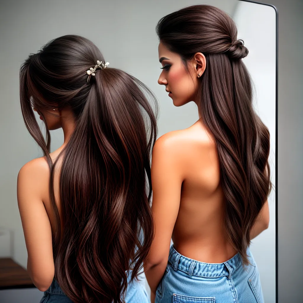 mulher cabelo solto espelho pente acessorios