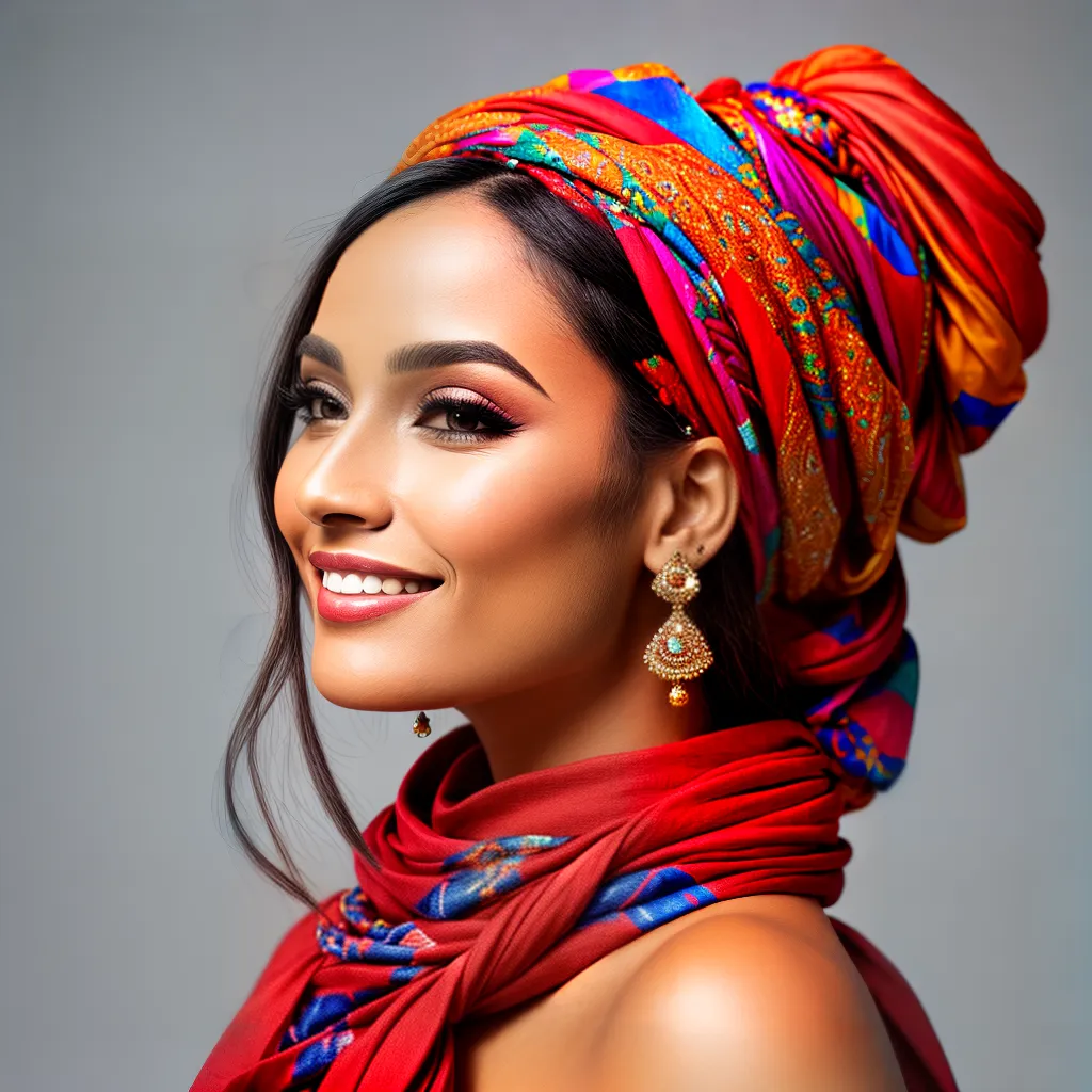 mulher turbante estampado sorriso estiloso mulher turbante estampado sorriso estiloso