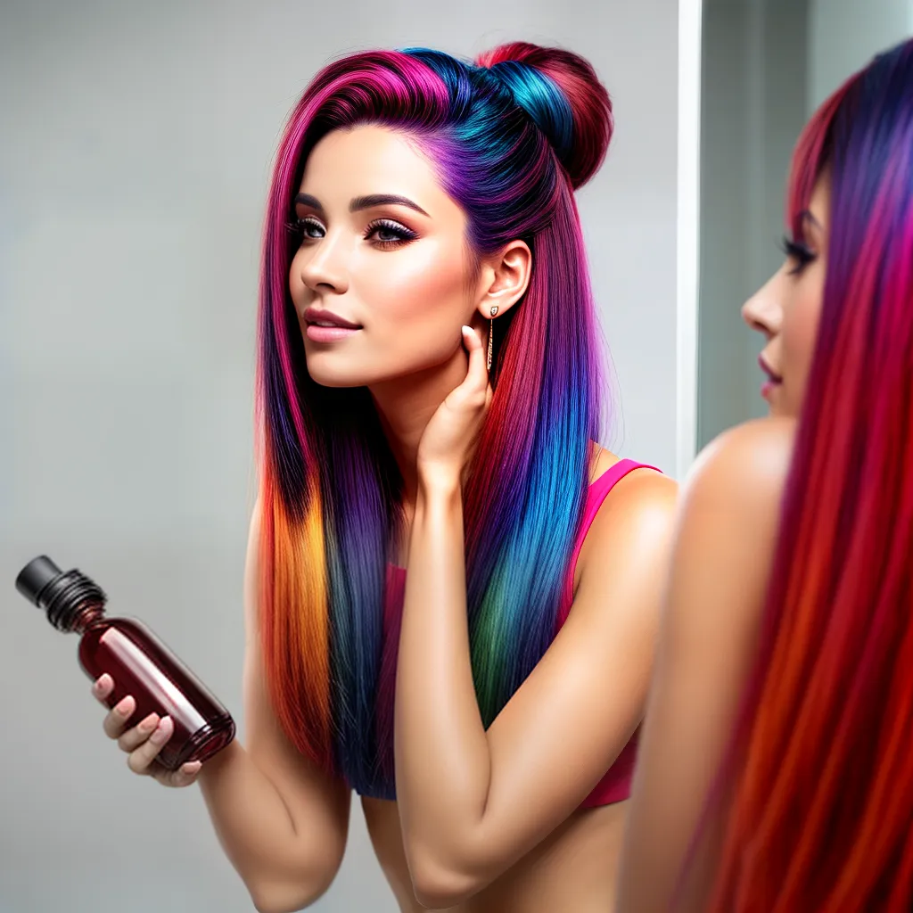 mulher cabelo colorido espelho shampoo