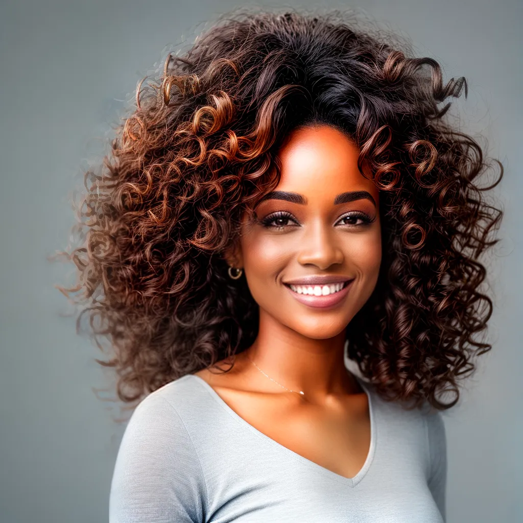 mulher cachos naturais sorriso confiante