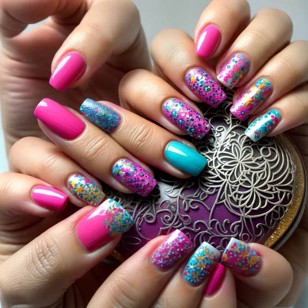 unhas estampadas coloridas flores