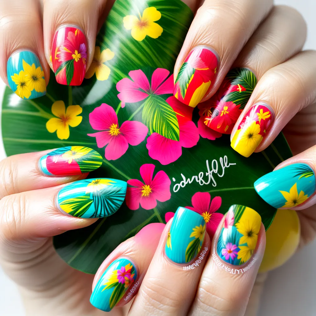 unhas tropicais folhas flores tucanos