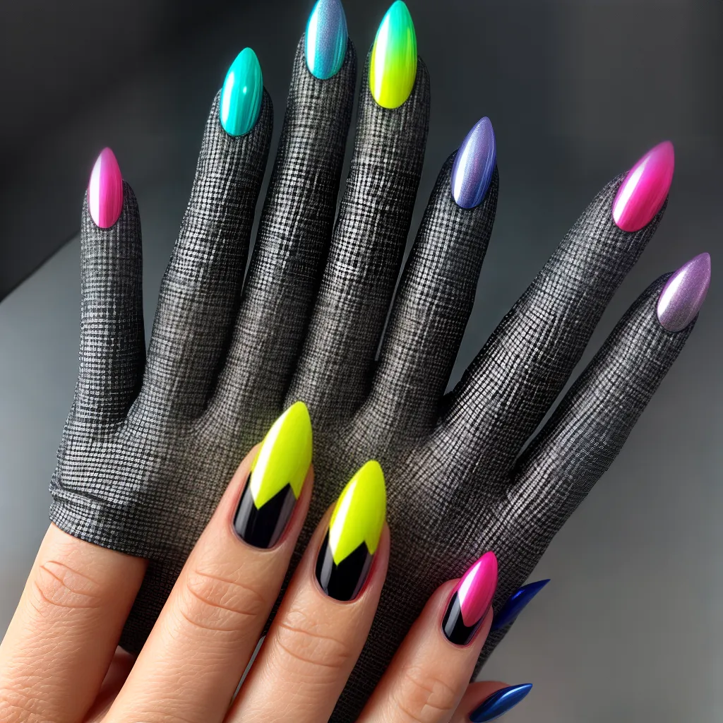 unhas futuristas metalico neon