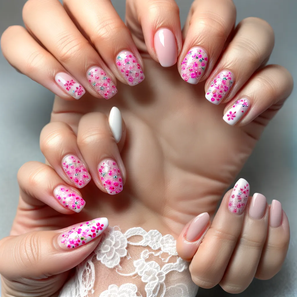 unhas romanticas flores coracoes