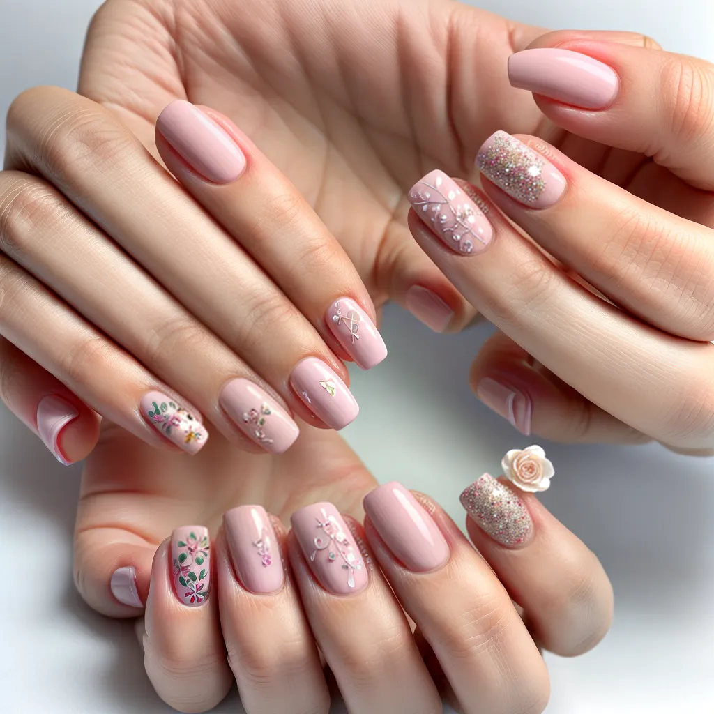 unhas florais romanticas coracoes