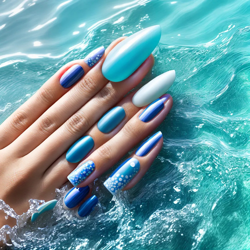 unhas azul ondas concha estrela unhas azul ondas concha estrela